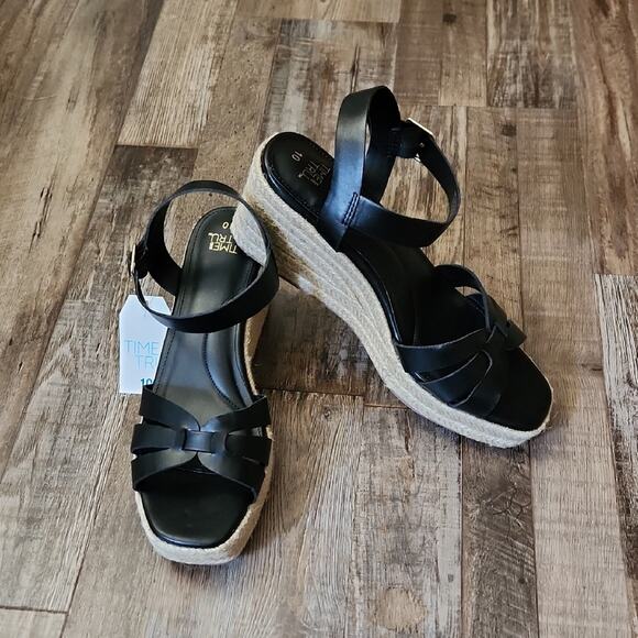 Black Wedge Womens Sandals  Size 10 Jute Platform Buckle Boho Beach 3 1/2" NWT - Picture 1 of 8